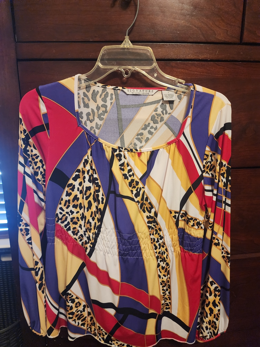 Larry Levine Multicolor Printed Long-Sleeve Blouse - Purple/Red/Yellow/Cream